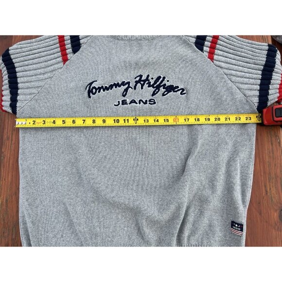 VINTAGE Y2K Tommy JEANS gray scripted logo mockneck ski sweater XL stripes - Picture 8 of 8